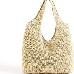 Hand-woven Soft Large Straw Shoulder Bag Boho Straw Handle Tote Retro 
Summer Beach Bag Rattan Handbag (Beige)