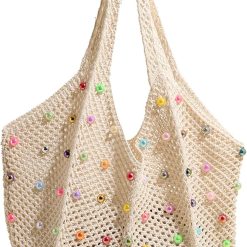 Boho Crochet Beach Tote Shoulder Bag with Colored Beads | Colorful 
Aesthetic Hippie Knit Bag for Women